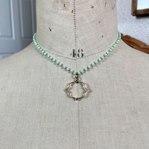 Antique Quatrefoil Watch Fob Assemblage Necklace Green Faceted Rondelle Moroccan - Picture 3 of 6